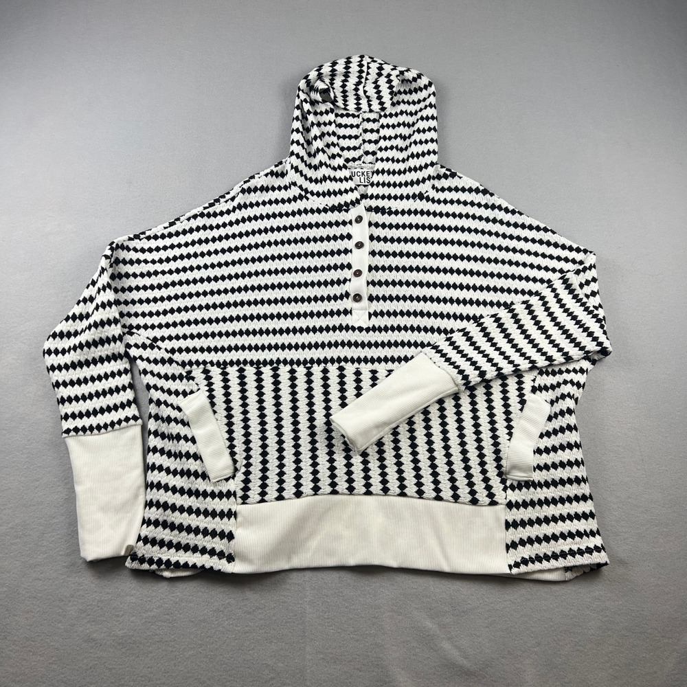 Oversized Knit Hoodie Womens Black White Geometric Henley Coastal Pullover‎